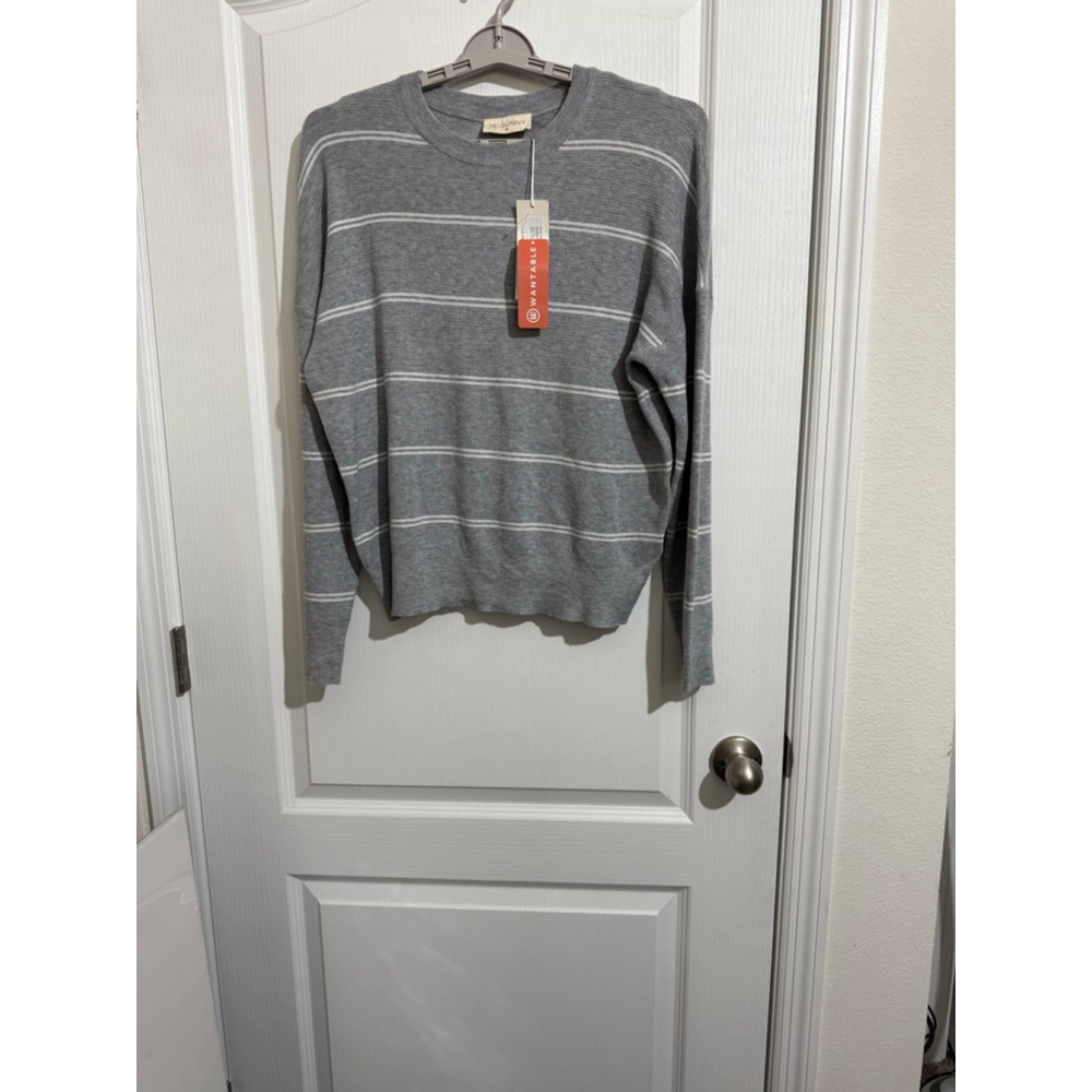 Women's 78 & SUNNY Heather Grey & White Stripe Crew Neck Sweater M